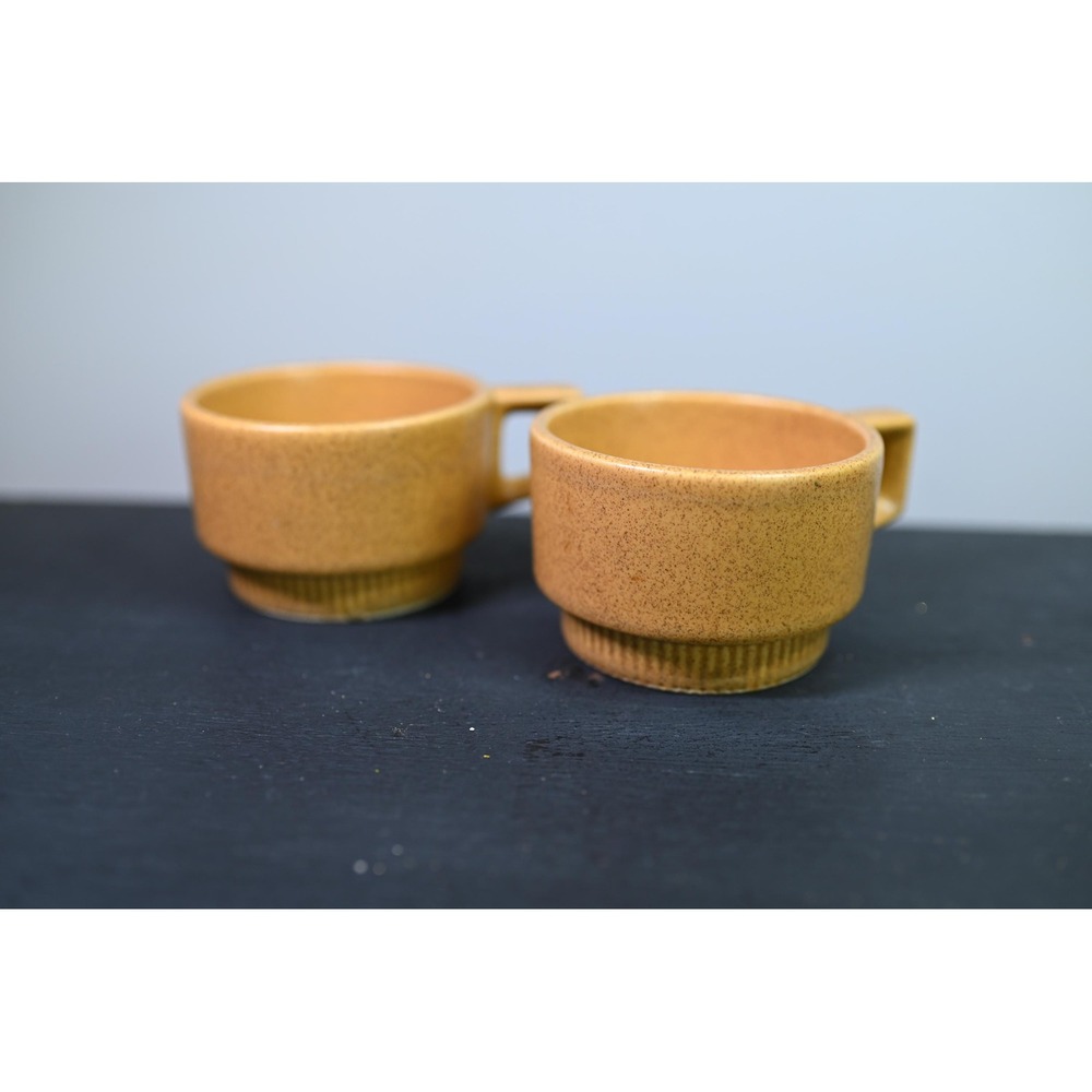 Vintage Pfaltzgraff Yellow Coffee Mugs Set of Two Speckled Stoneware Retro Cups